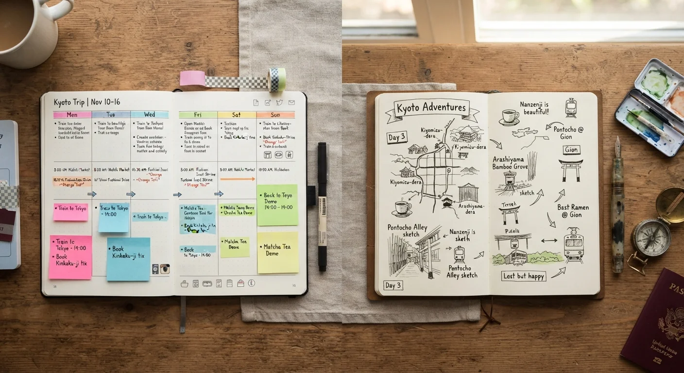 Split view of a detailed travel planner on one side and a blank open journal on the other.
