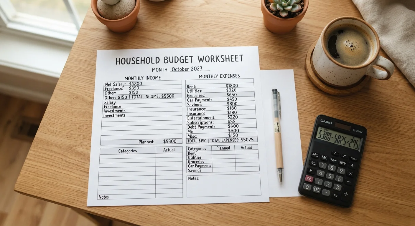 Budget worksheet divided into two columns representing fixed and variable expenses on a desk