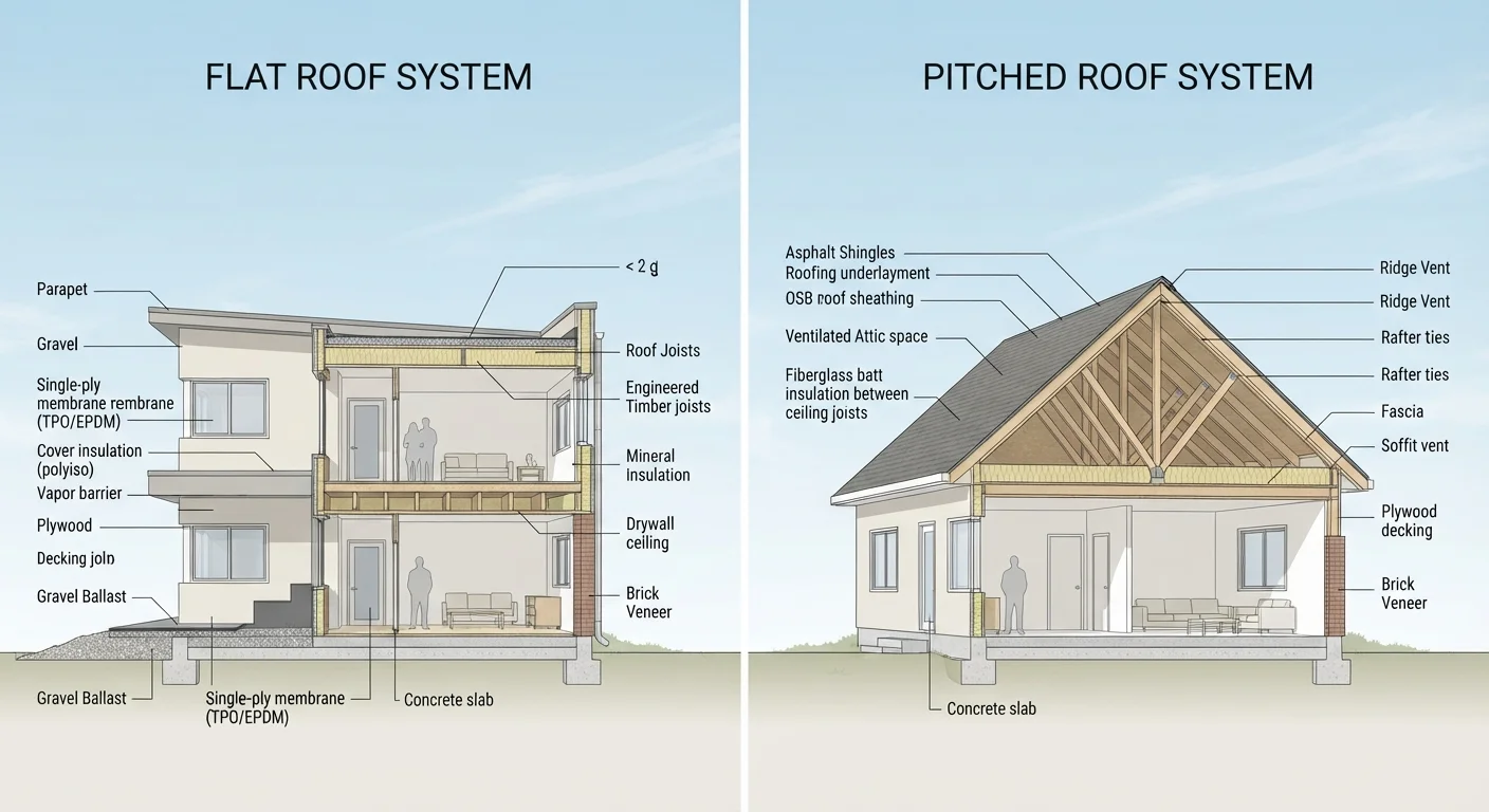 Architectural comparison of a flat roof and a pitched roof on two adjacent residential homes
