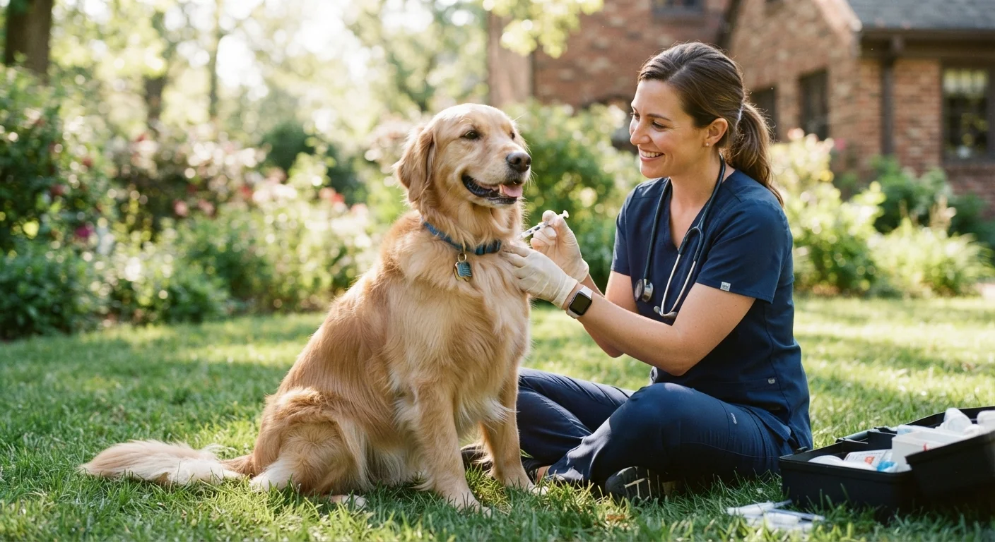 A healthy dog sitting in a grassy yard with a veterinarian preparing a preventive treatment