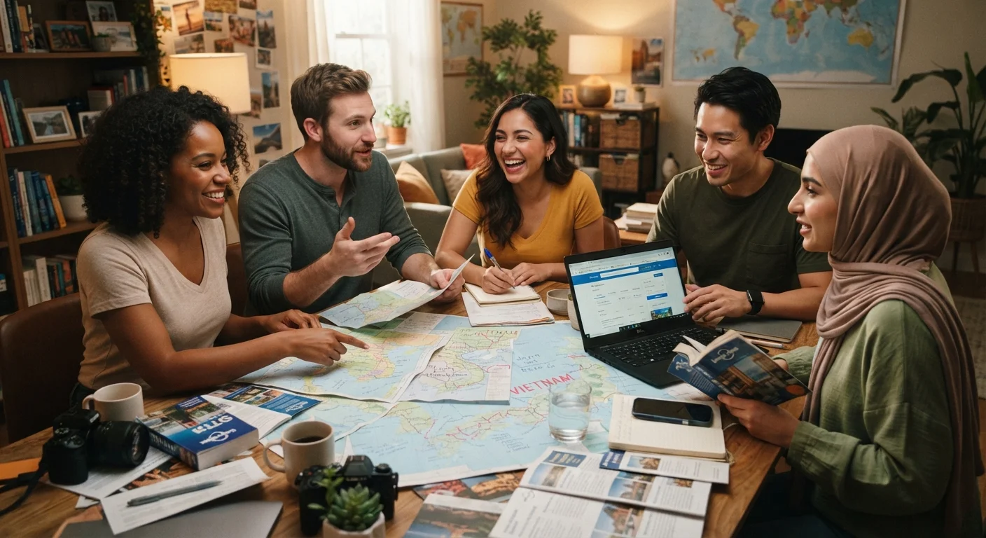 Group of adults collaborating around a table covered with maps and laptops for trip planning