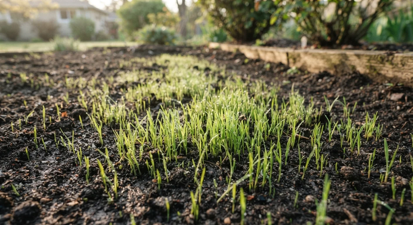 Young grass seedlings sprouting from dark prepared soil in a residential lawn area