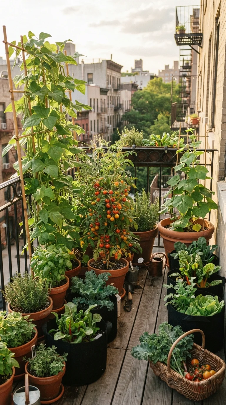 Compact balcony garden with container vegetables, vertical trellis, and dense plantings