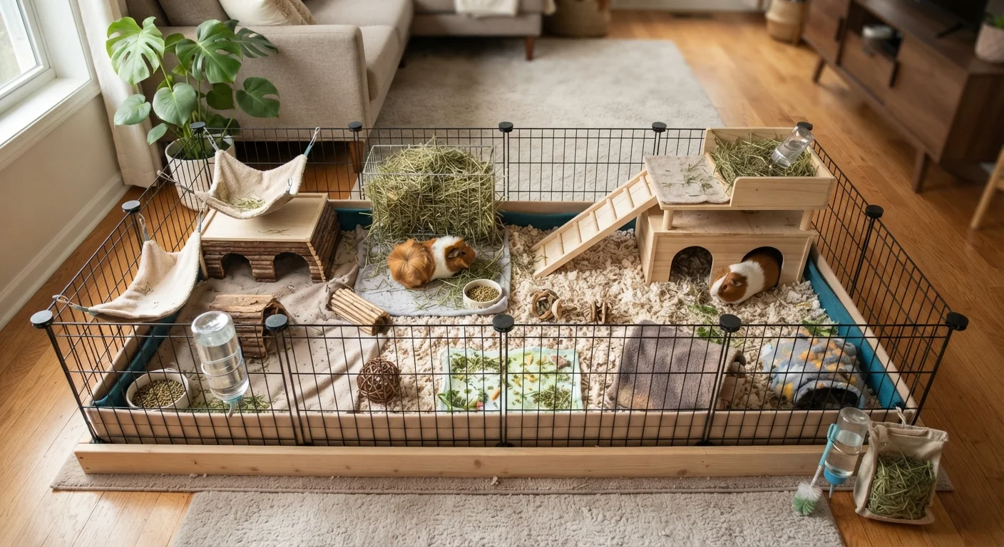 Spacious guinea pig enclosure with bedding, hideouts, hay, and enrichment items viewed from above