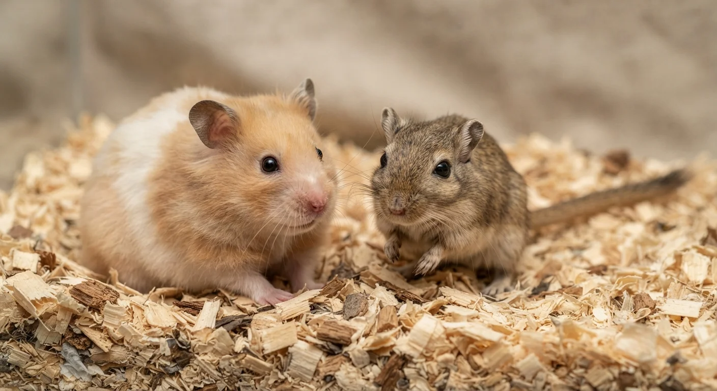 A hamster and a gerbil sitting side by side on wood shavings bedding