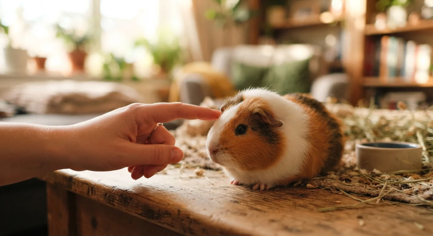 A person gently offering their hand to a small guinea pig on a wooden surface