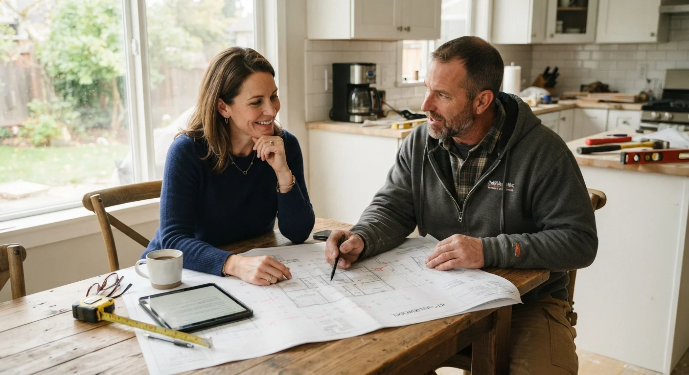 A homeowner and contractor reviewing construction blueprints together at a home kitchen table