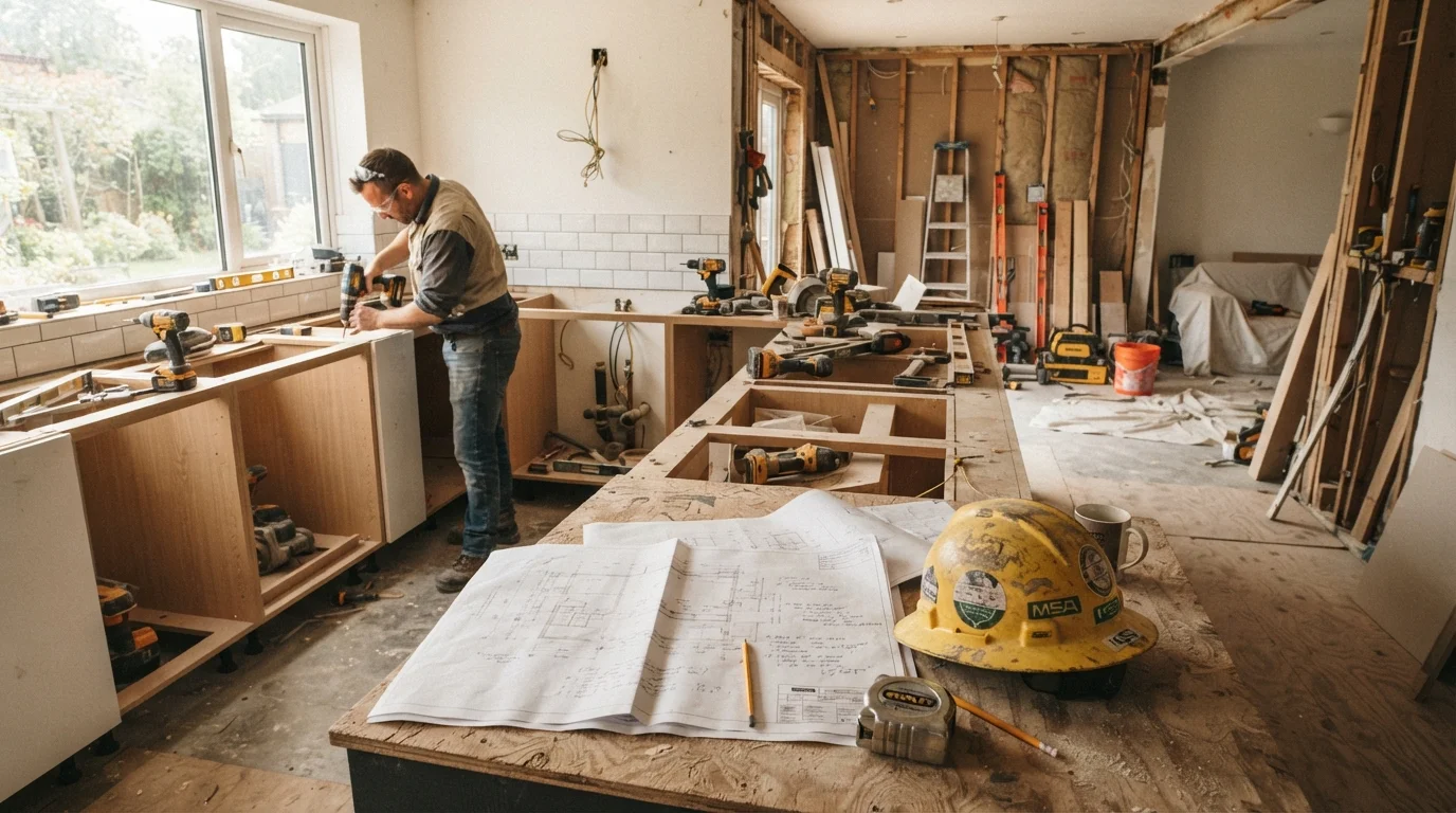 Blueprints, hard hat, and measuring tape on a countertop during a home renovation project