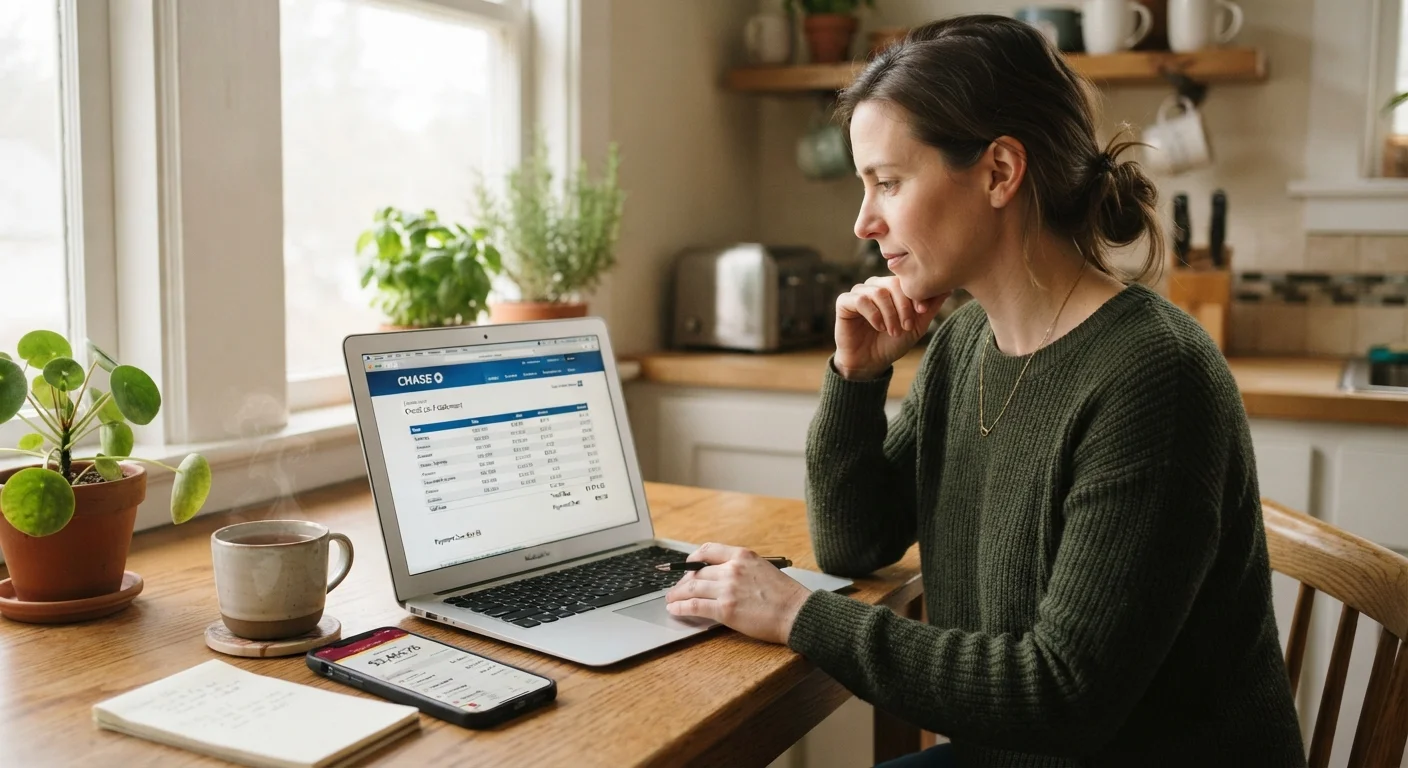 Person reviewing credit card statement on laptop while checking banking app on smartphone