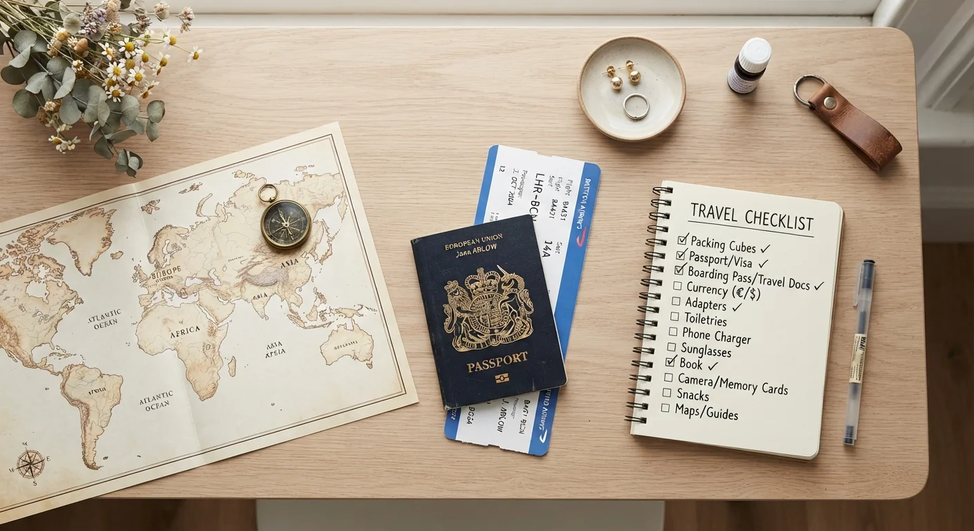 Passport, boarding pass, world map, and checklist laid out on a white desk