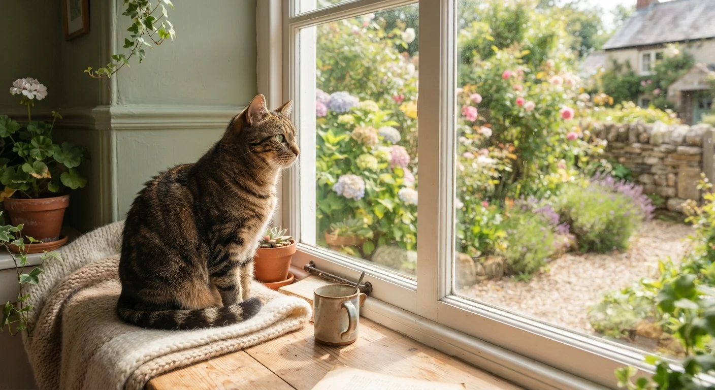 A tabby cat perched on a windowsill looking out at a green garden in sunlight