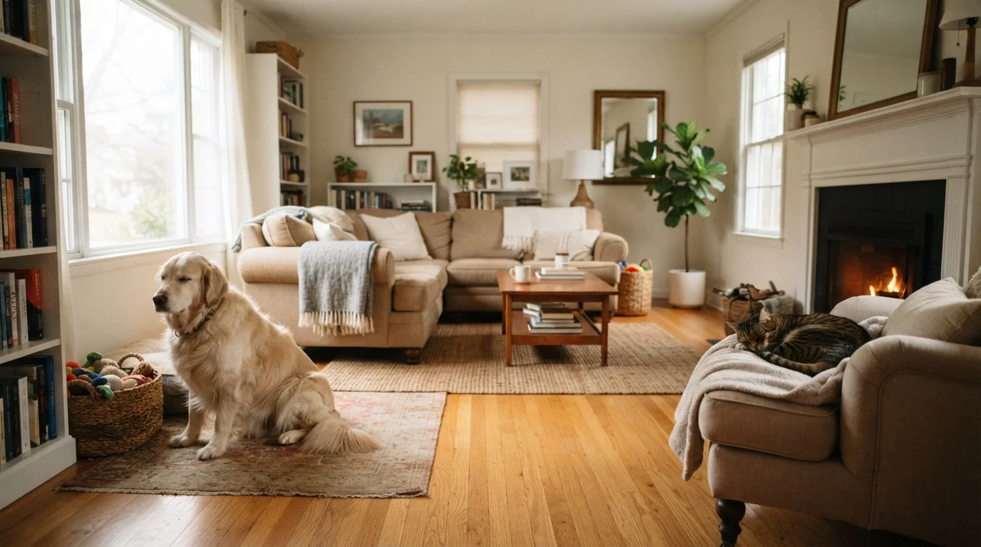 A relaxed dog and cat sitting calmly in a sunlit living room, observing each other from a distance