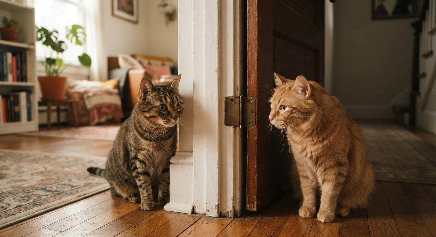 Two cats cautiously sniffing each other through a partially open door in a home