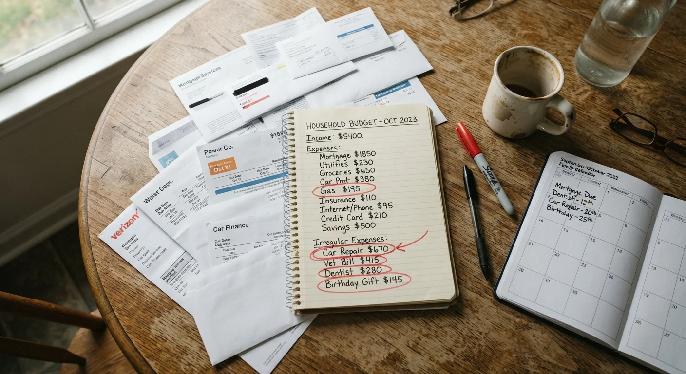 Household budget notepad with bills and calendar showing irregular expense planning on a kitchen table