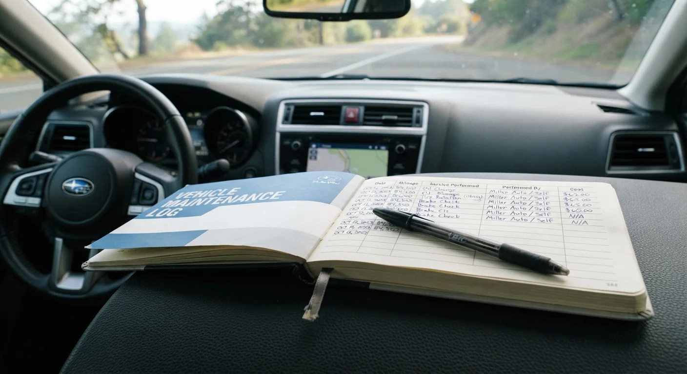 Open vehicle maintenance logbook resting on a car dashboard with a pen