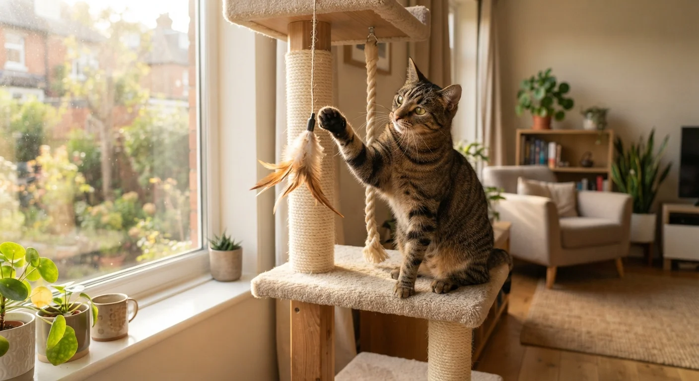 A tabby cat playing with a feather toy on a tall cat tree near a sunny window