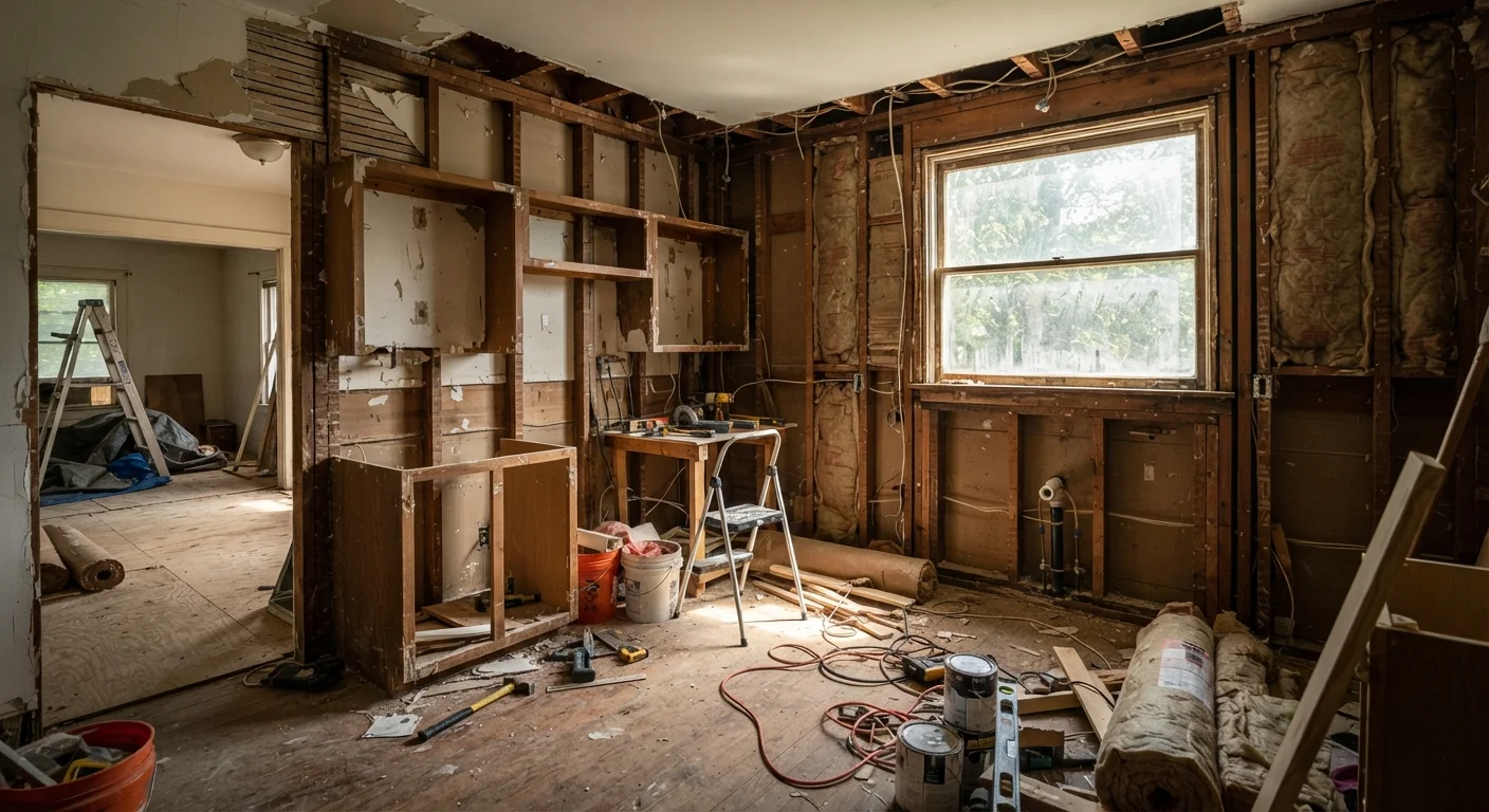 Kitchen mid-renovation with exposed studs, removed cabinets, and open walls awaiting new layout
