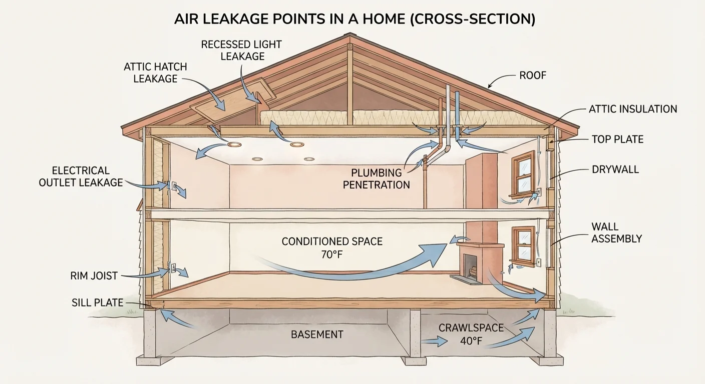 Cutaway diagram of a home showing common hidden air leakage points throughout the structure