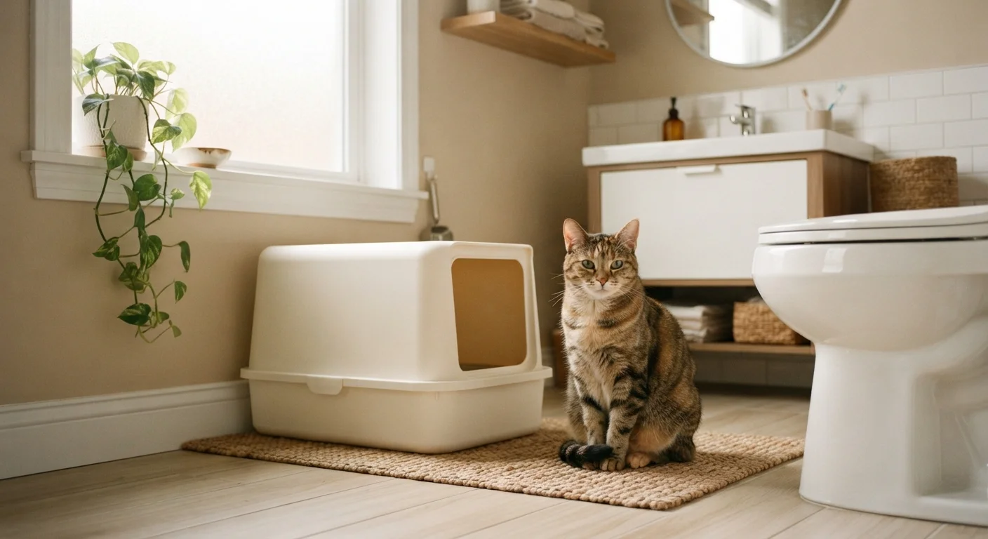A calm domestic cat sitting next to a clean litter box inside a home bathroom
