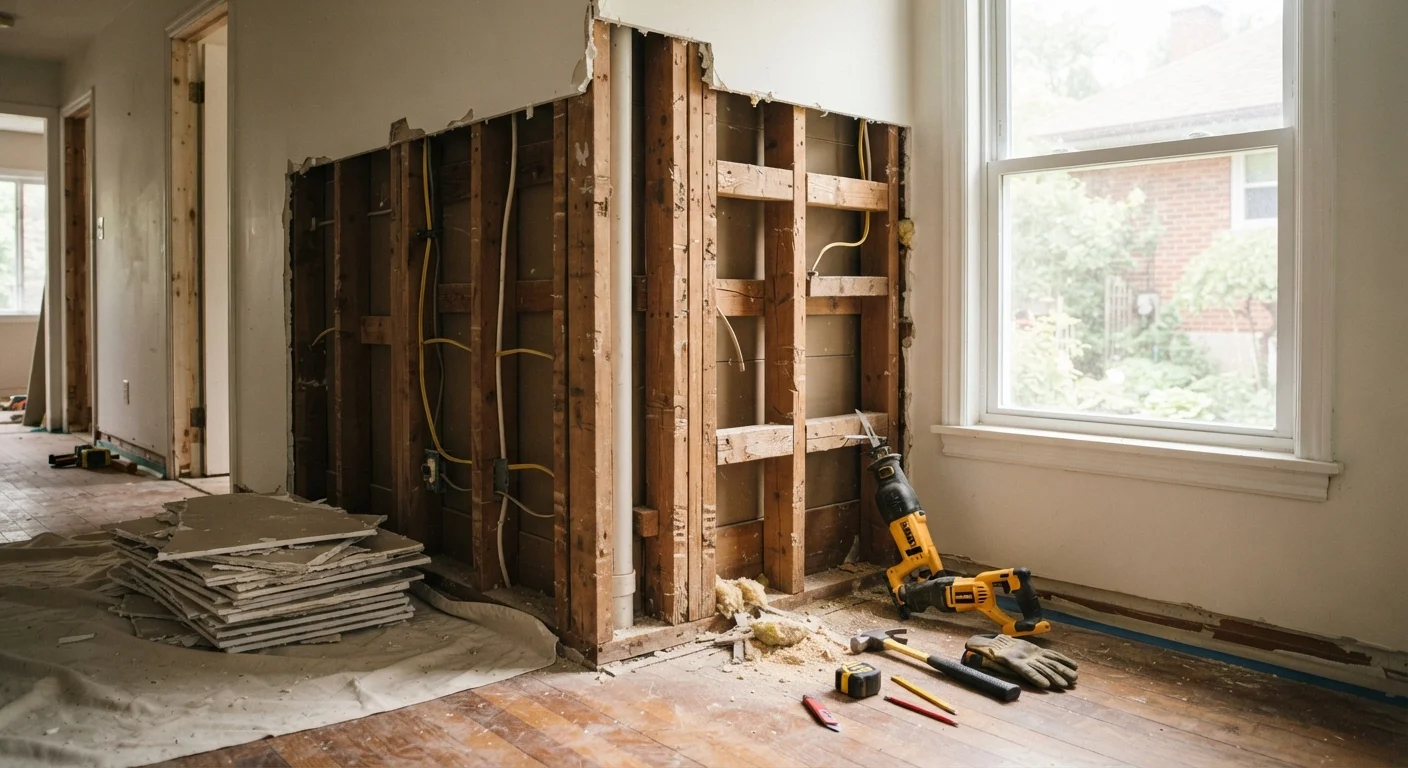 Exposed wooden wall studs in a home renovation showing interior framing structure