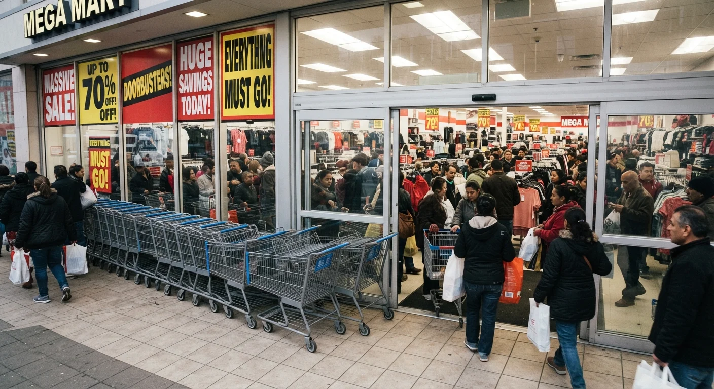 Shoppers entering a busy retail store with large sale signs displayed in the windows