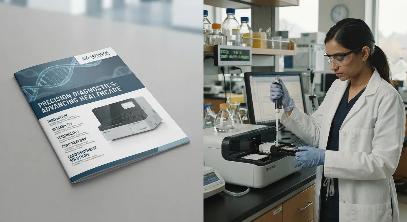 Corporate product brochure on one side contrasted with a scientist conducting independent lab testing on the other