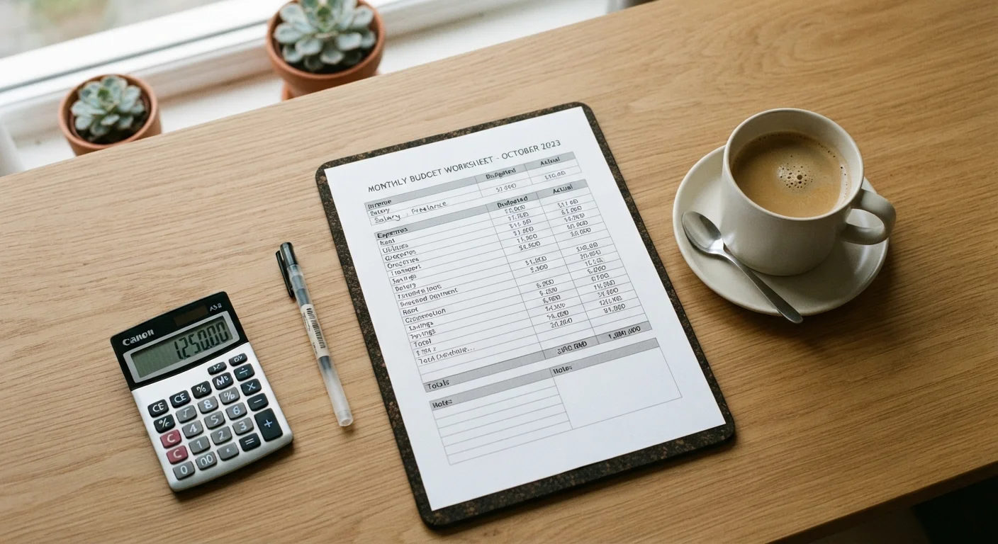 A tidy desk with a monthly budget worksheet, pen, calculator, and coffee cup.