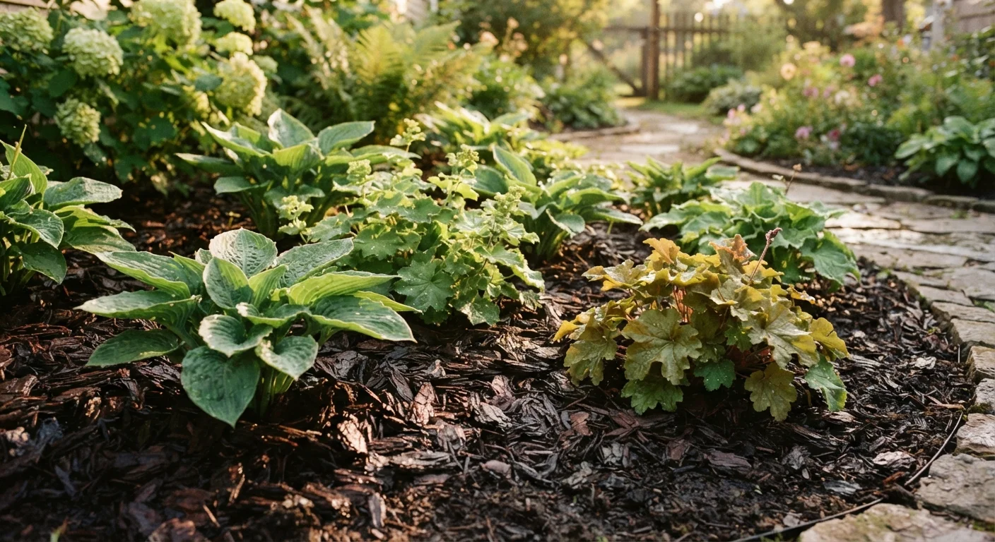 Dark bark mulch spread evenly around green garden plants in a well-maintained bed.