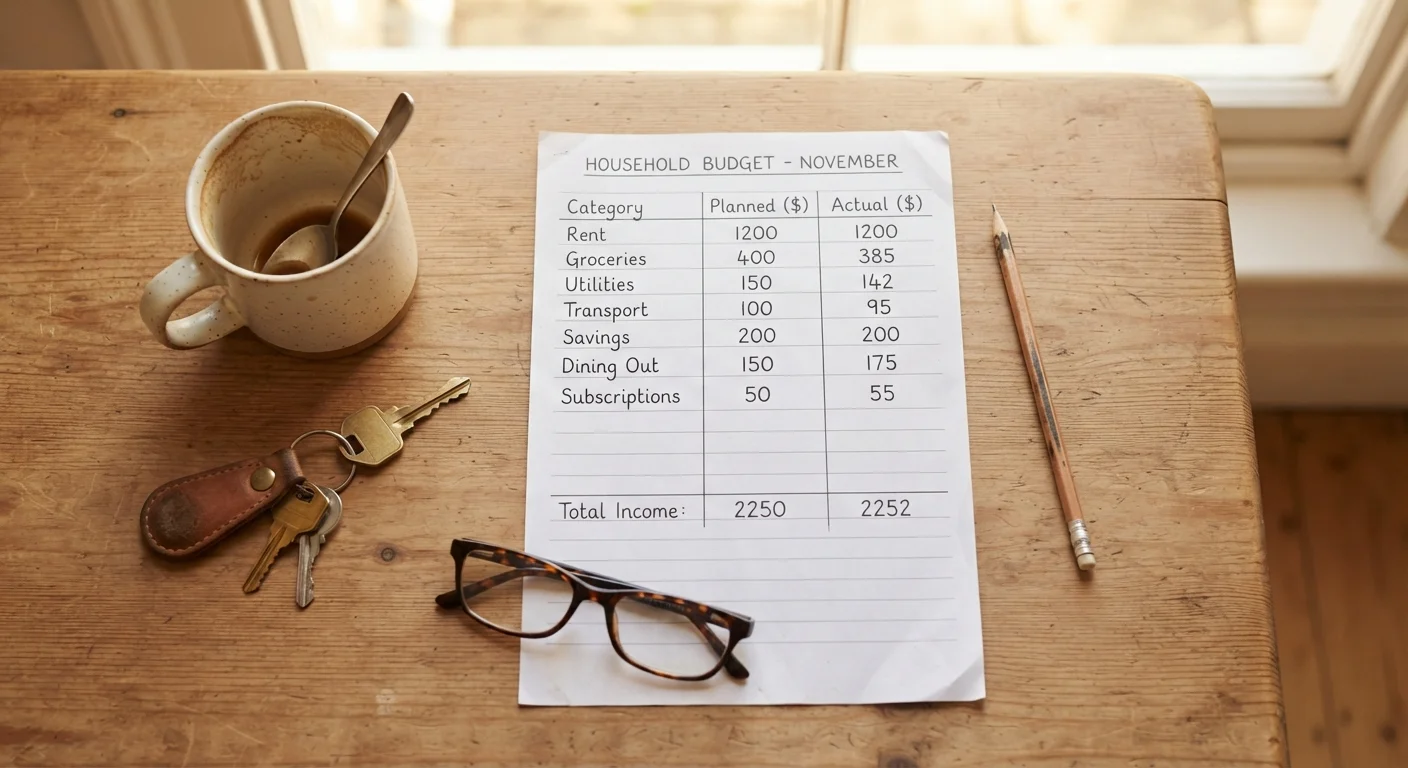 Handwritten budget sheet on kitchen table divided into three spending columns with everyday household objects