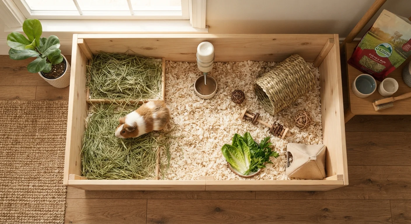 A neatly prepared small pet enclosure with hay, water bottle, hideout, and enrichment toys ready for a new arrival