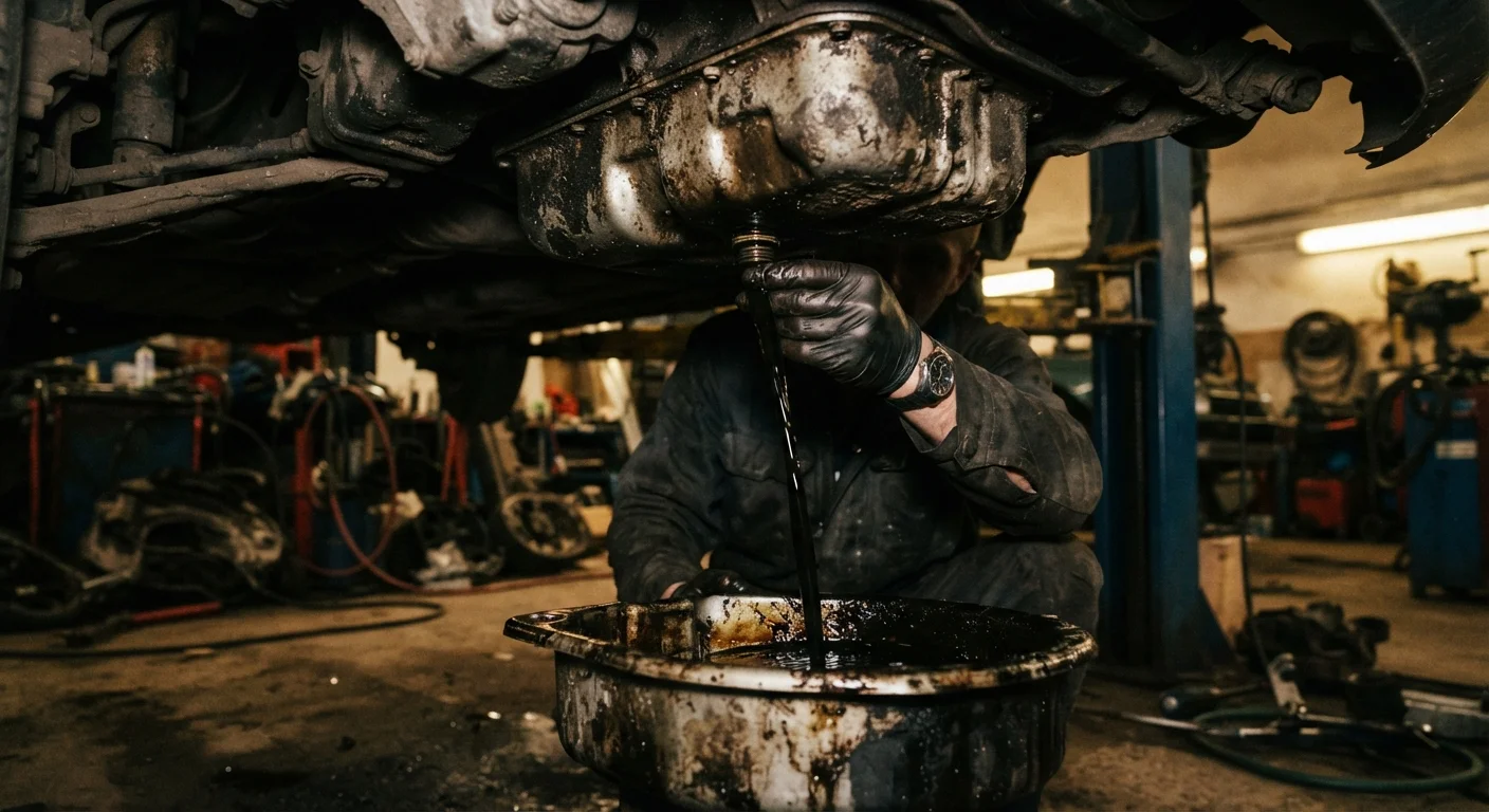Mechanic draining dark degraded motor oil from a car engine into a drain pan