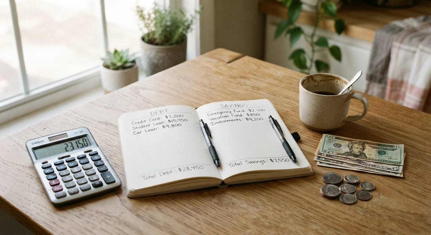 A notebook with debt and savings columns on a kitchen table with a calculator and coins