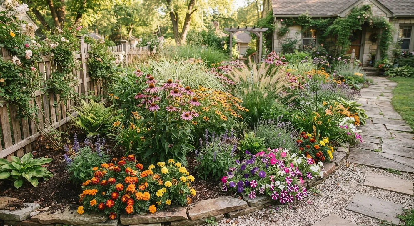 A mixed garden bed combining perennial coneflowers and ornamental grasses with colorful annual marigolds