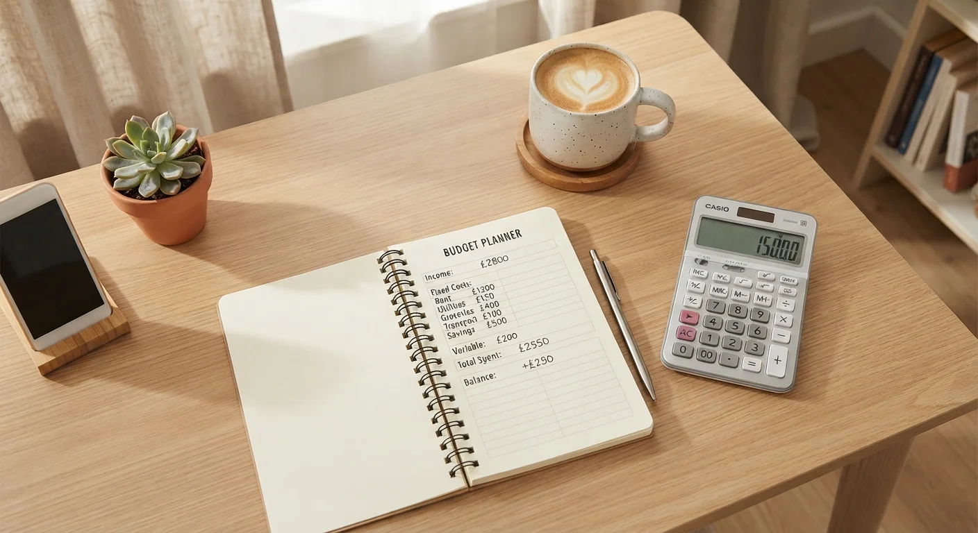 Open budget notebook on a tidy desk with a calculator and coffee cup