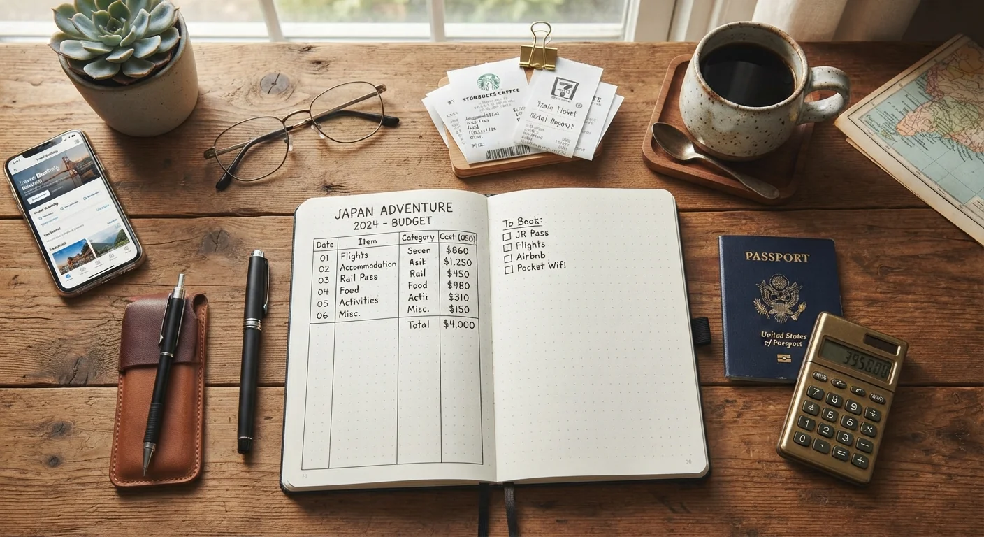 Overhead view of a travel budget planning workspace with notebook, receipts, and passport.