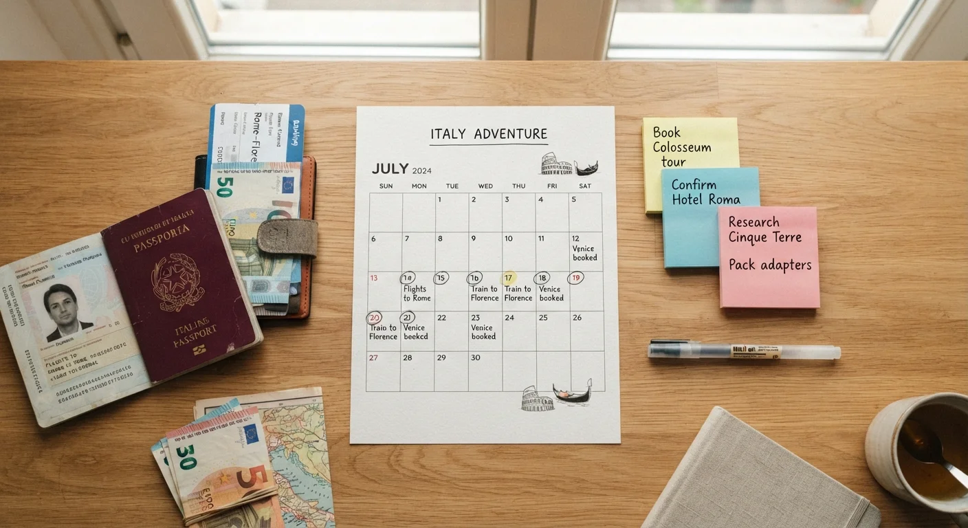 Top-down view of a travel planning desk with calendar, passport, and sticky notes