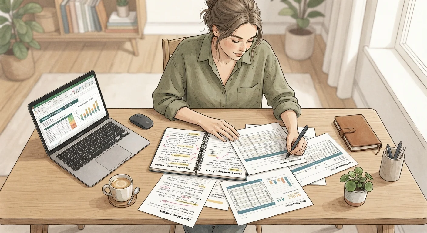 Person at a desk reviewing product research notes and comparison charts before making a purchase