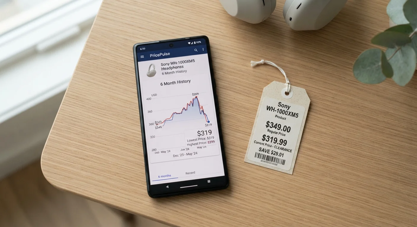 Smartphone showing a price history graph next to a retail price tag on a neutral surface