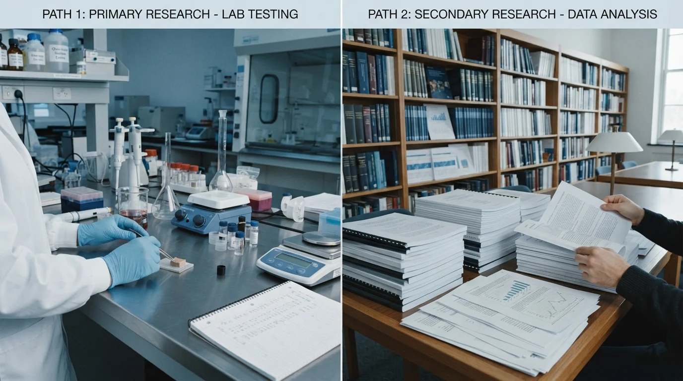 Split image contrasting hands-on product testing with stacked secondary research reports and charts