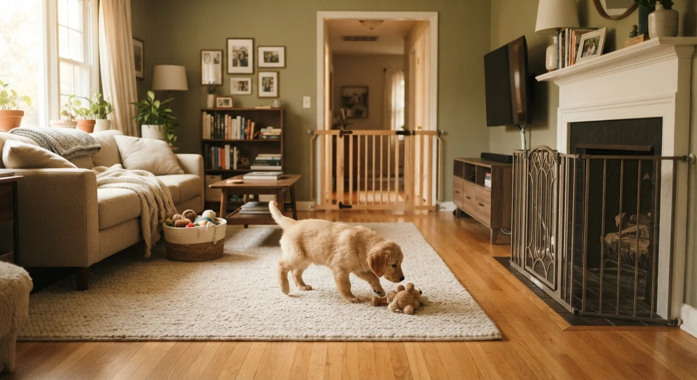 A young puppy exploring a living room that has been carefully puppy-proofed and organized.