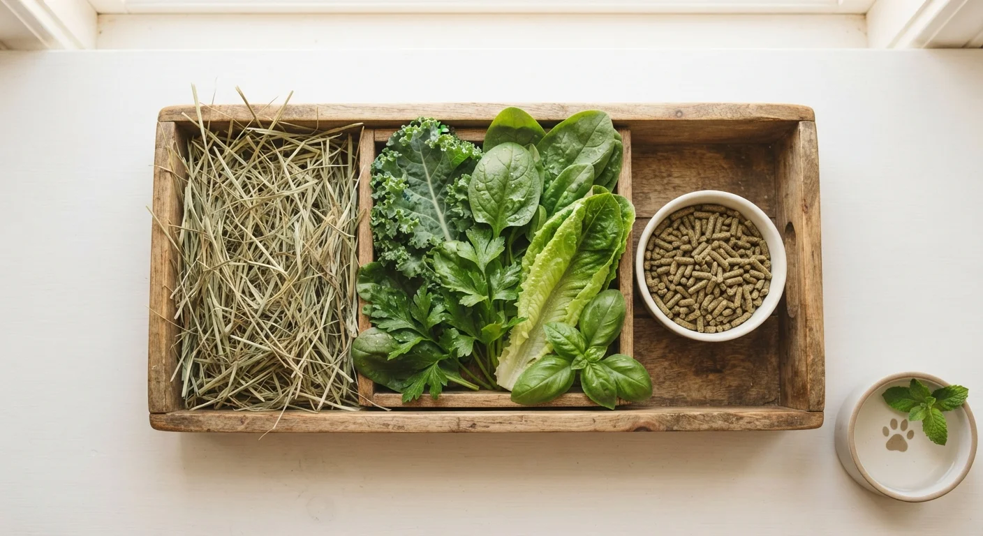 A tray with hay, leafy greens, and pellets representing a balanced rabbit diet