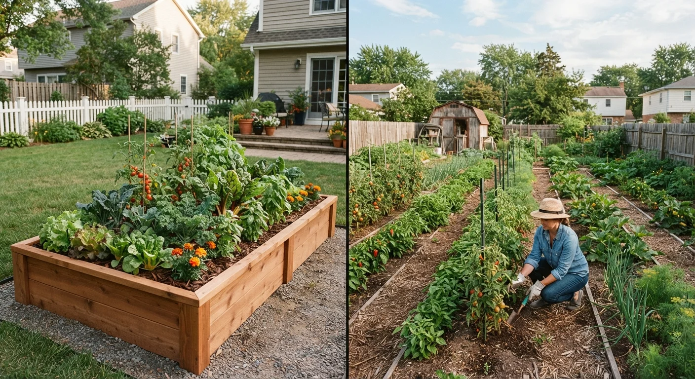 Side-by-side view of a raised garden bed and an in-ground vegetable garden in a suburban backyard