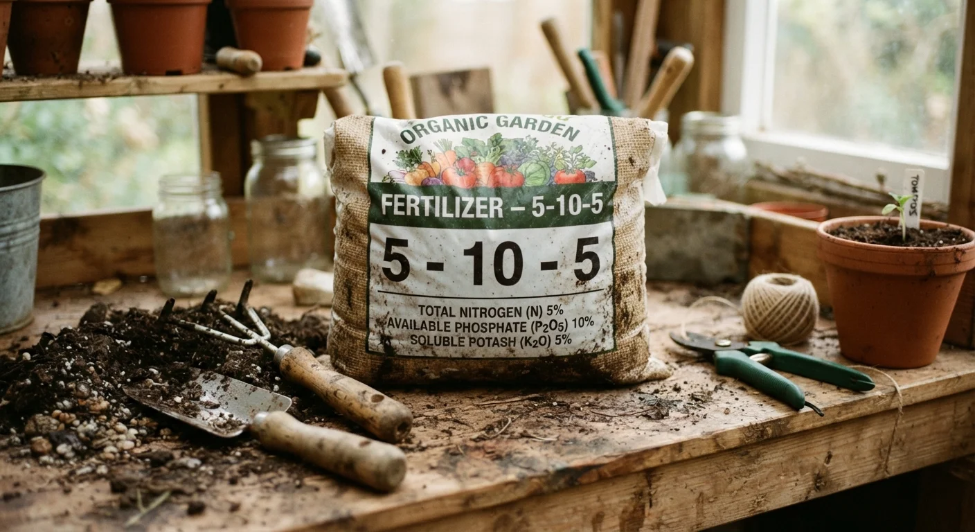 Close-up of fertilizer bag label showing N-P-K numbers with garden tools nearby on a potting bench