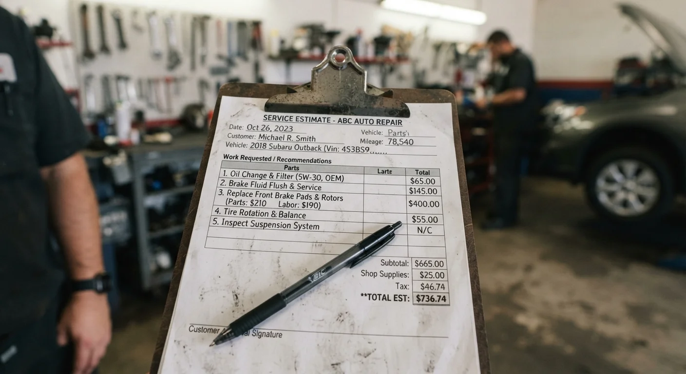 A mechanic's service estimate on a clipboard with a pen resting on top