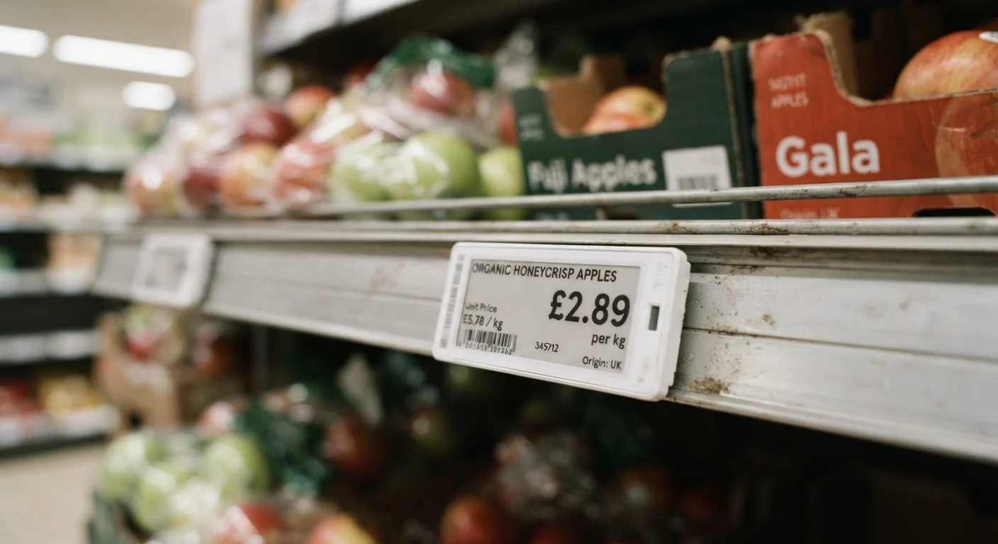 Close-up of a retail price tag on a store shelf showing unit pricing details