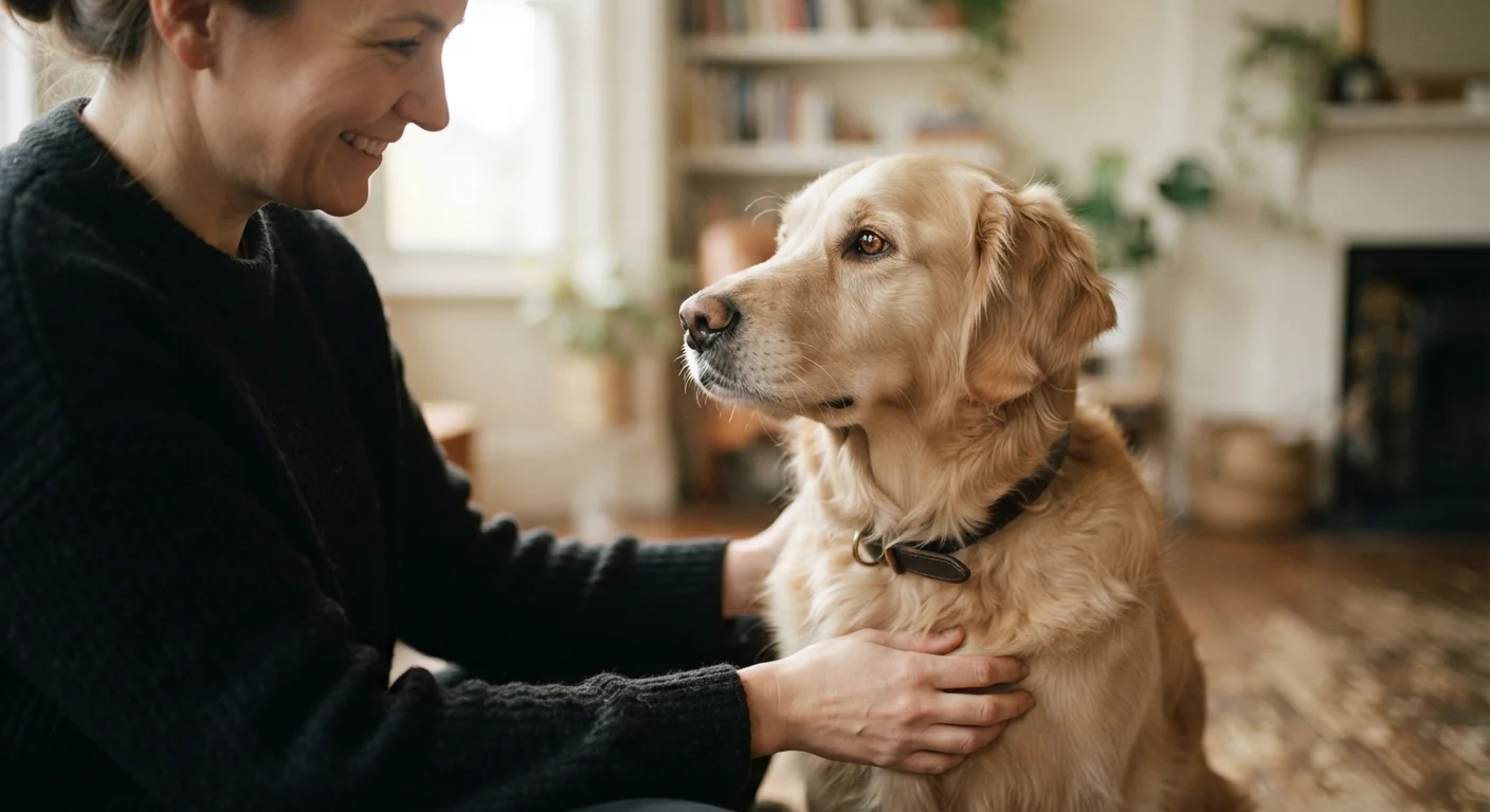 A relaxed dog with soft eyes and neutral ears looking calmly at a person