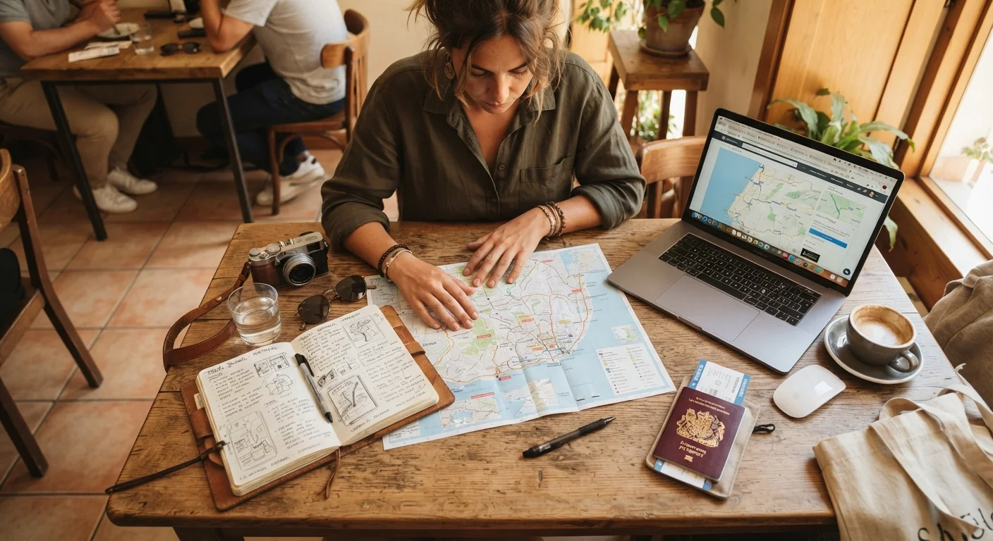 Traveler researching a destination using a notebook, laptop, and paper map at a cafe