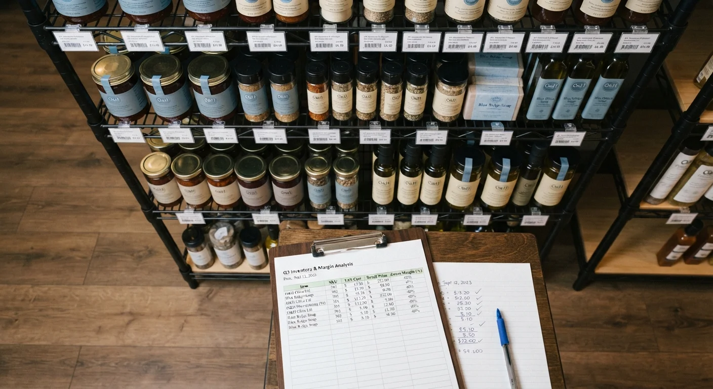 Retail store shelf with price tags and a clipboard showing cost and margin calculations