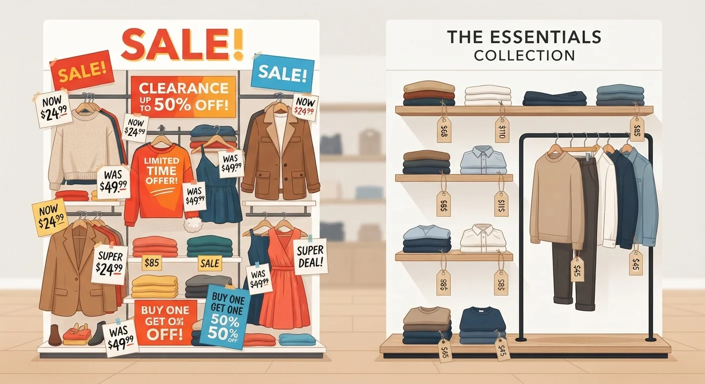 Split image showing a sale-heavy retail display next to a clean everyday low price shelf