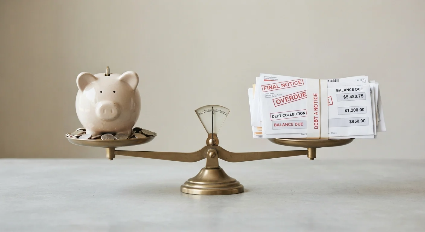 A scale balancing a piggy bank against a pile of debt statements, symbolizing the savings vs. debt payoff trade-off